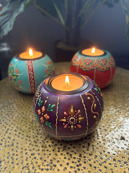 Purple Hand-Painted Wooden Tealight Holder