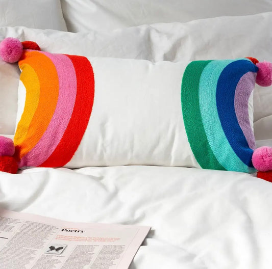 Cushion - Embroidered Rainbow with Pom Poms