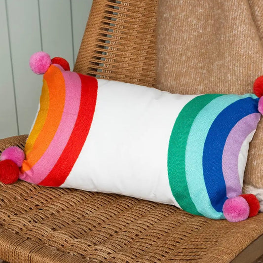 Cushion - Embroidered Rainbow with Pom Poms