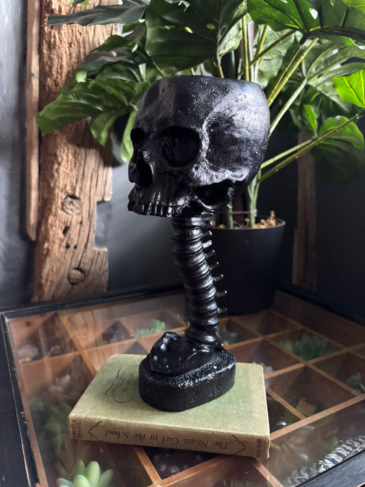 Skull And Back Bone Sculpture - Black