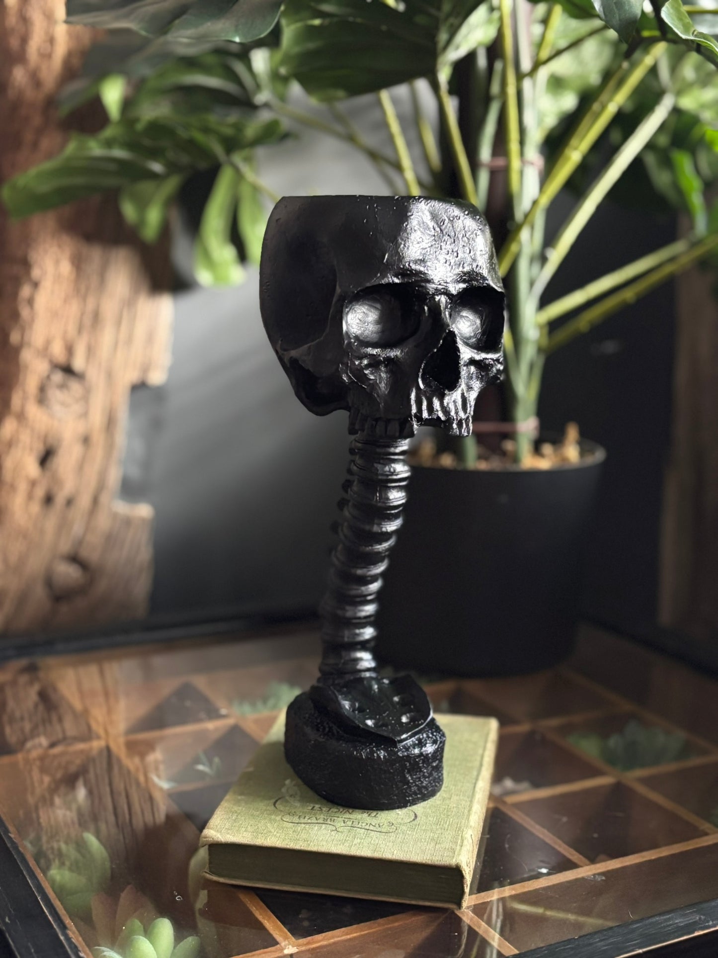Skull And Back Bone Sculpture - Black