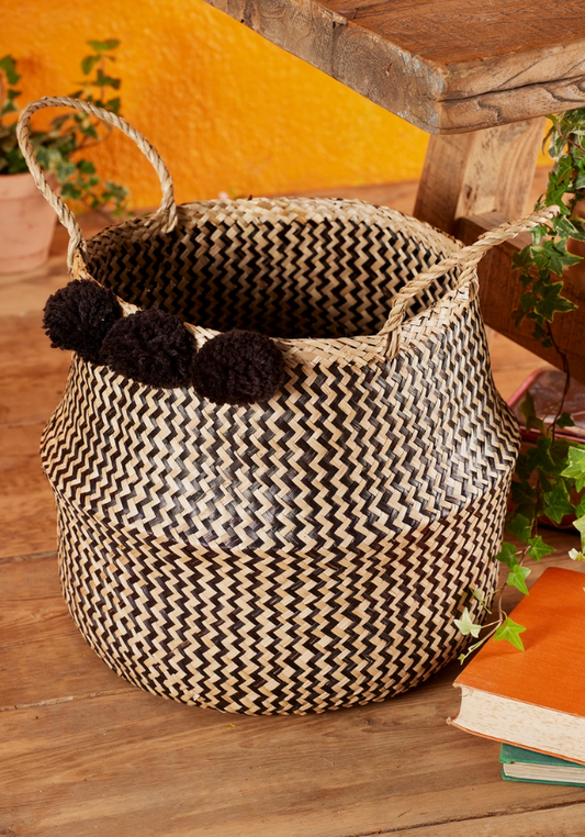 Black Pompom Seagrass Basket Large