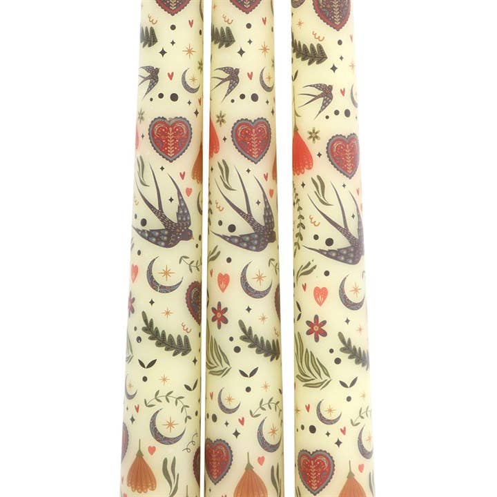 Candles - Cream Folk Floral Print Taper Dinner Candles - Box of 3
