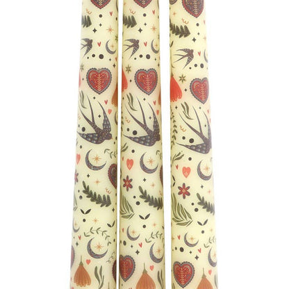 Candles - Cream Folk Floral Print Taper Dinner Candles - Box of 3