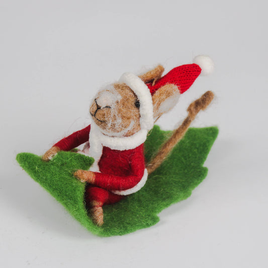 Felt Santa Mouse On A Leaf Sledge