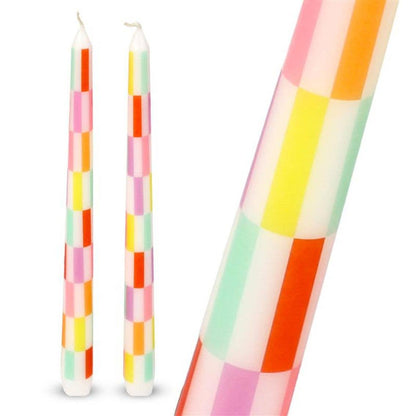 Multi Coloured Check Taper Dinner Candles - 2 Pack