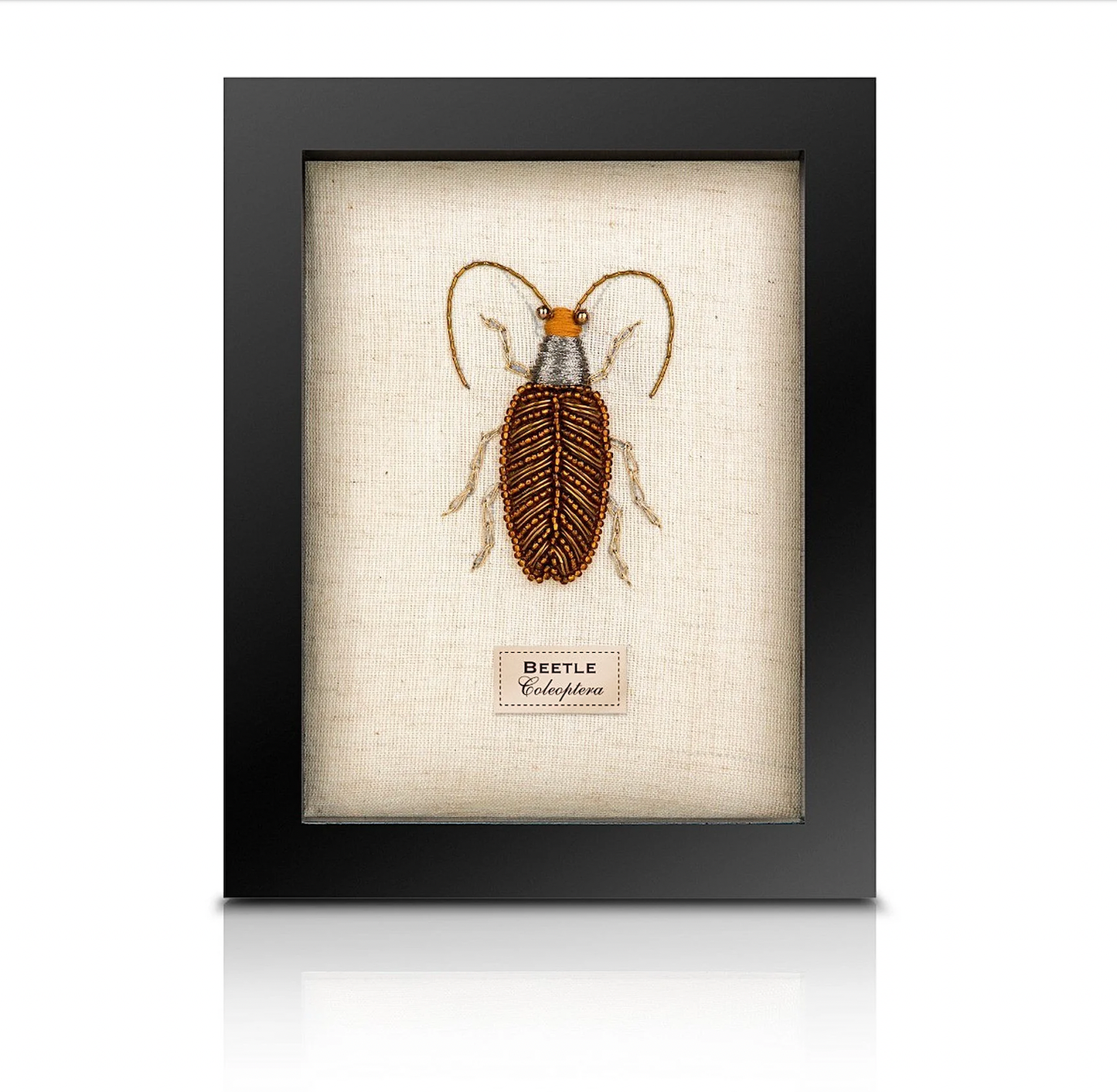 Framed Hand Embroidered Beaded Feeler Beetle