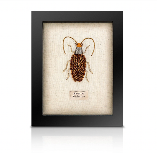 Framed Hand Embroidered Beaded Feeler Beetle