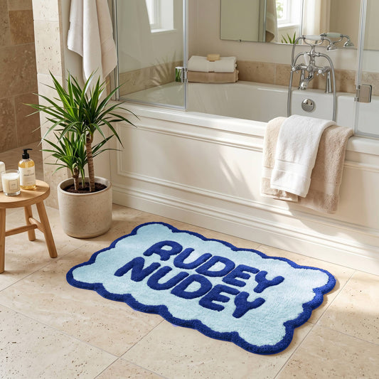 Rudey Nudey Slogan Scalloped Bath Mat: Navy/Blue