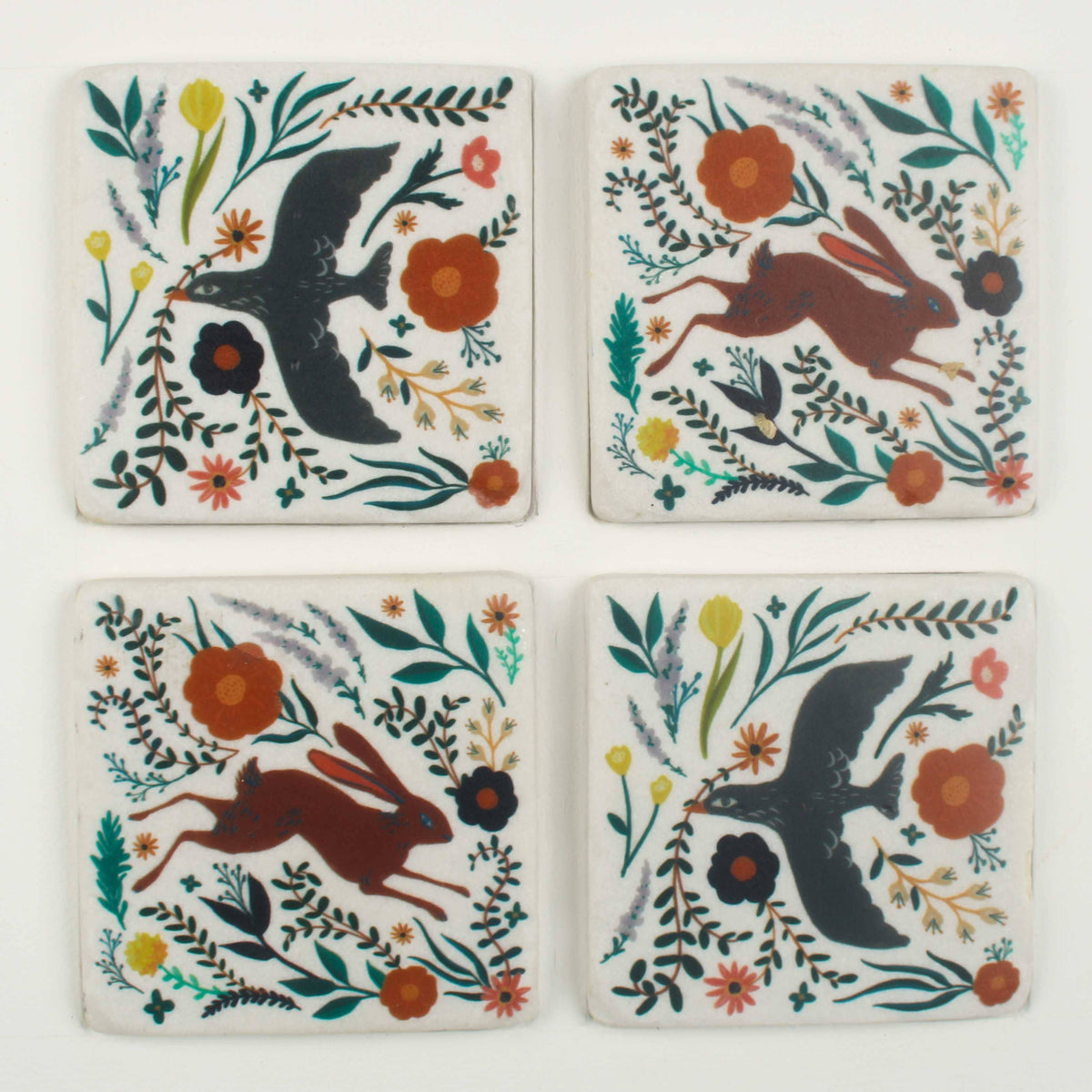 Botanical Bird & Hare Coaster Set - Nature-Inspired Folk Art