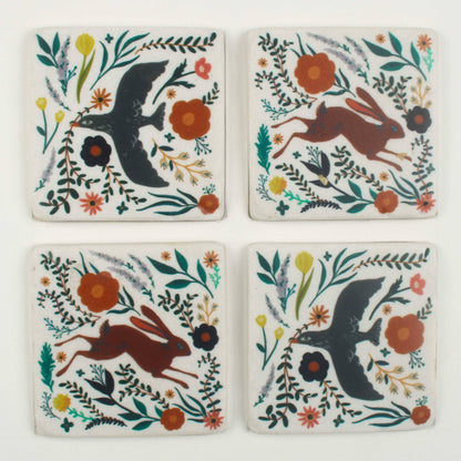 Botanical Bird & Hare Coaster Set - Nature-Inspired Folk Art