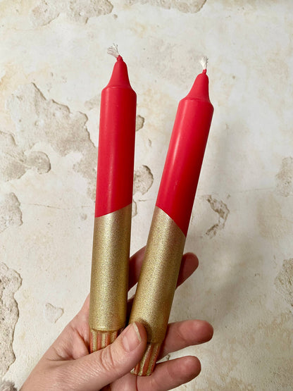 Candles - Bright Red and Gold Dipped Candles Pack of 2