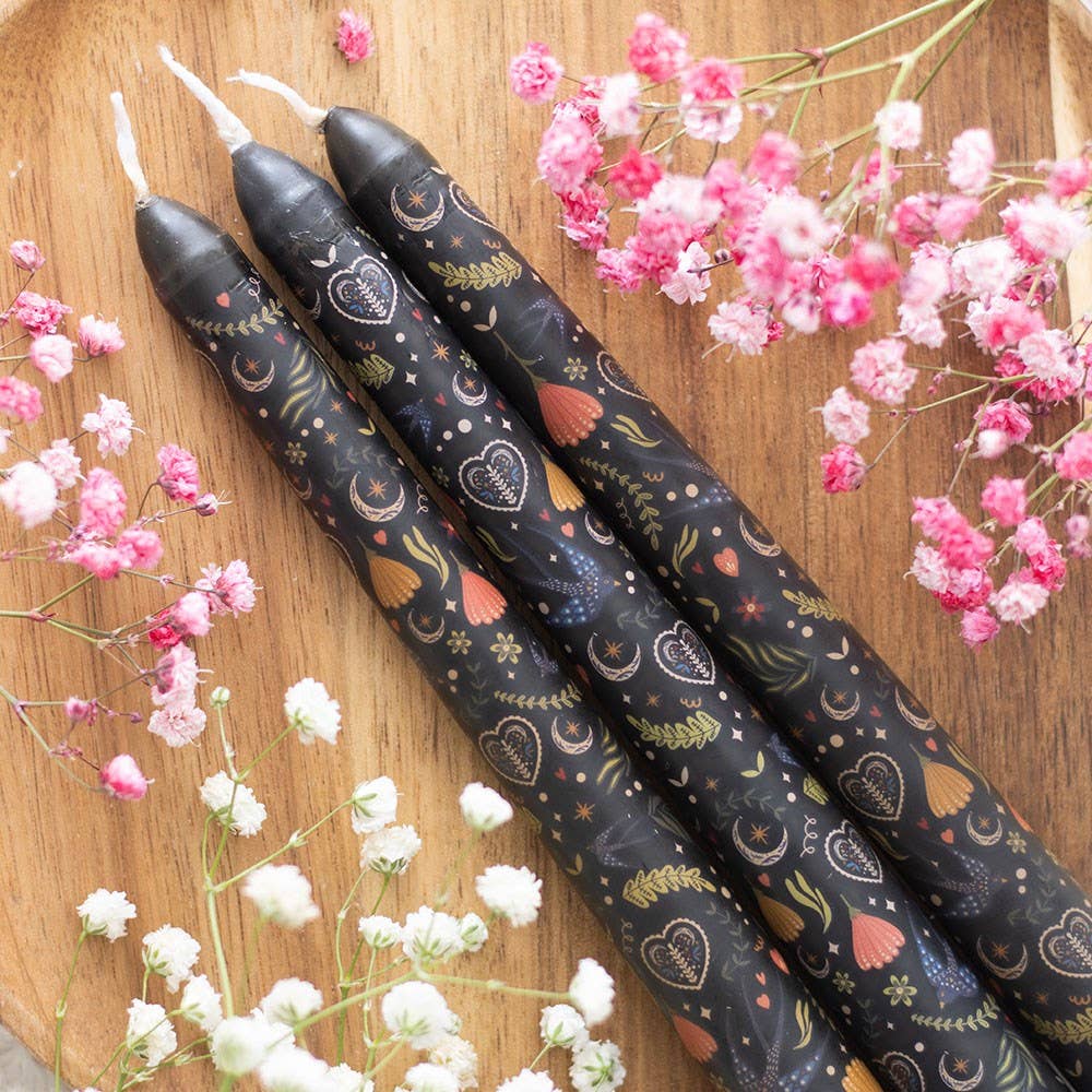 Candles - Black Folk Floral Print Dinner Candles - Box of 3