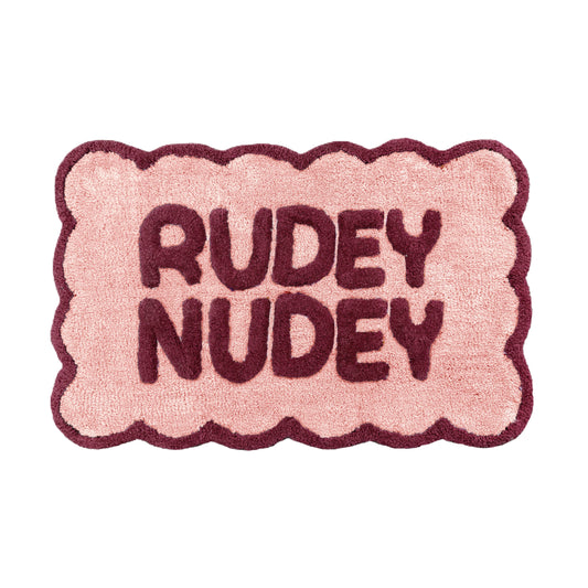 Rudey Nudey Slogan Scalloped Bath Mats: Burgundy/Pink